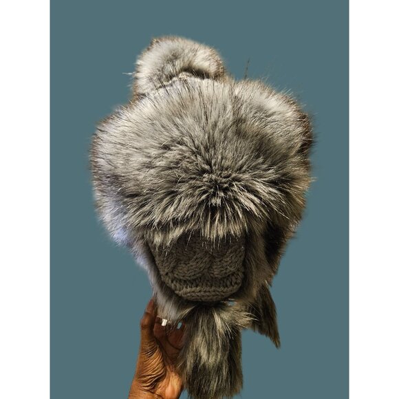 Bajka/Ushanka Gray Black Faux Fur Knit Hat with Pom Pom & Ear Flaps - Picture 9 of 10